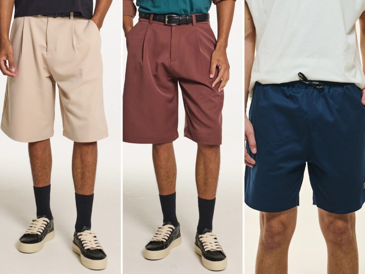Bermudas masculinas Nephew: alfaiataria bege, alfaiataria marrom e sarja azul