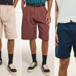 Bermudas masculinas Nephew: alfaiataria bege, alfaiataria marrom e sarja azul