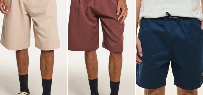 Bermudas masculinas Nephew: alfaiataria bege, alfaiataria marrom e sarja azul