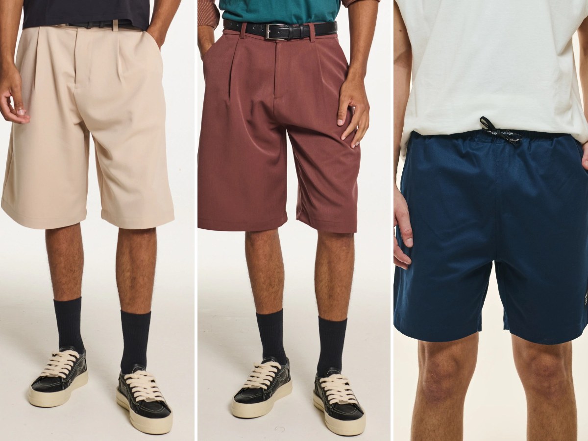 Bermudas masculinas Nephew: alfaiataria bege, alfaiataria marrom e sarja azul