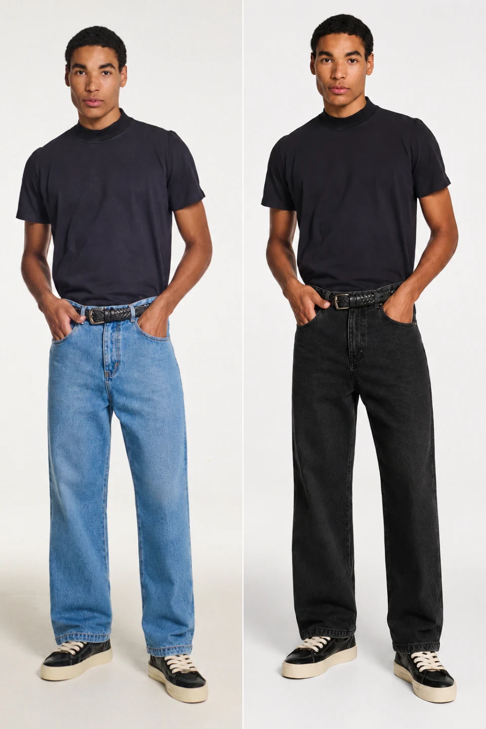 Calça Jeans Standard Nephew azul e preta, corte reto, com camiseta preta