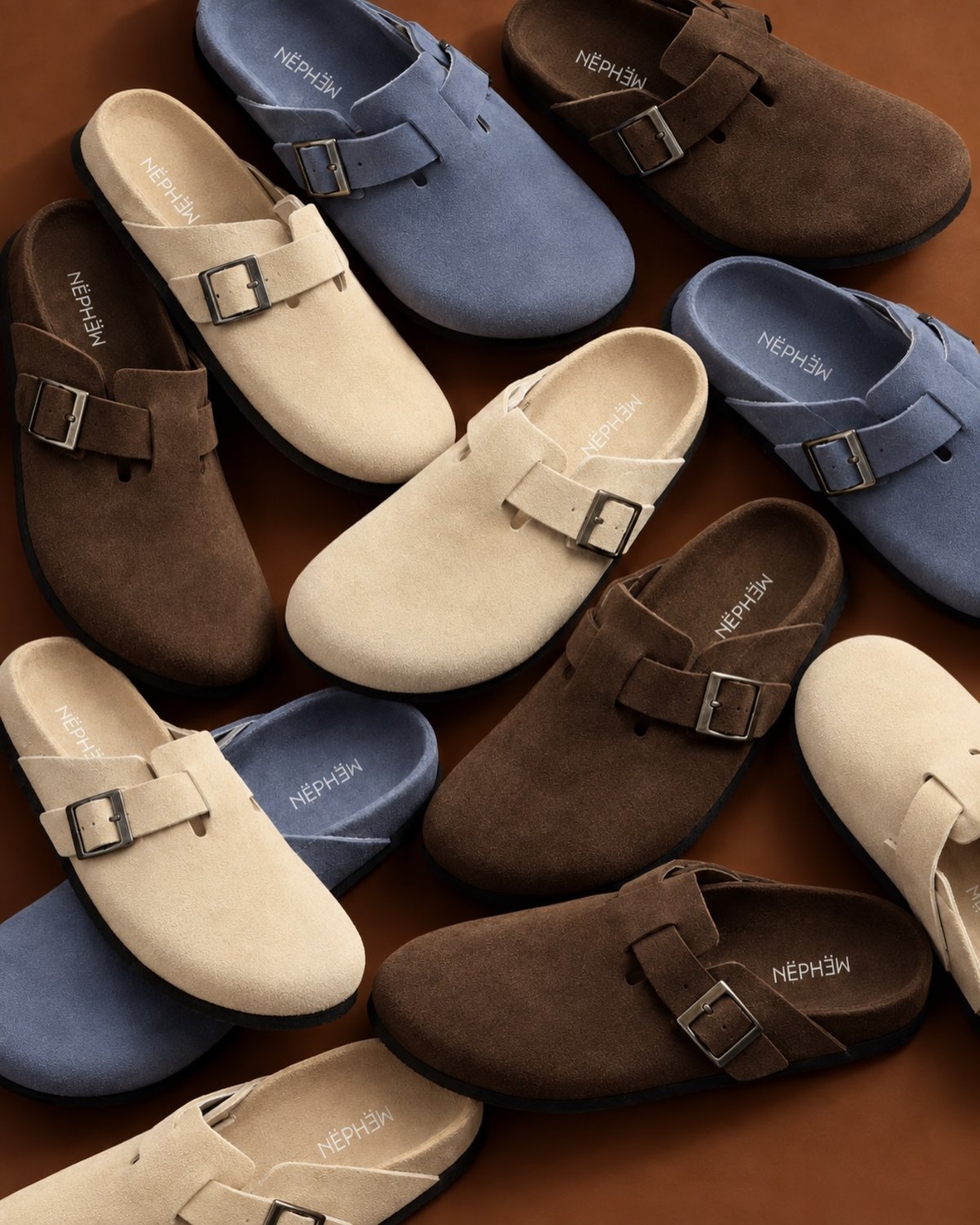 Clogs Nephew em camurça nas cores Creme, Café e Jeans
